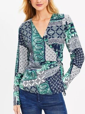 NWT Ann Taylor LOFT Patchwork Wrap Blouse Long Sleeve Small S